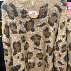 BiBi Fuzzy Leopard-Print Crewneck Sweater in Tan and Brown